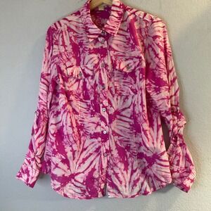 MICHAEL Michael Kors Womens Pink Tie Dye Cotton RollTab Button Down Shirt Medium